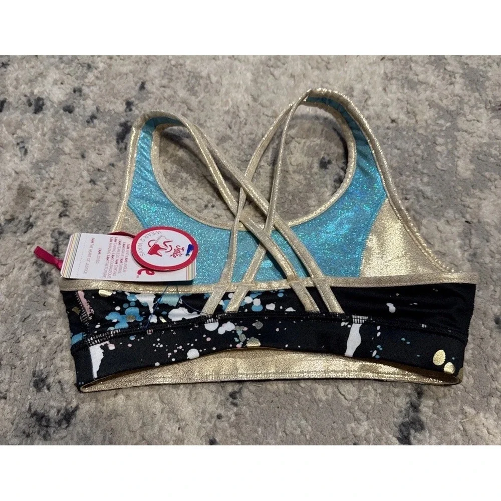 Justice Black and Gold Splatter Reversible Sports Bra Small 7/8 Youth Girls New